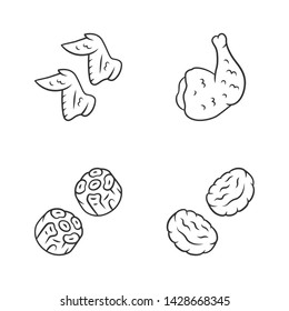 Butchers meat linear icons set. Chicken wings, ham, burger patties, oxtails. Butchery business. Protein sources. Thin line contour symbols. Isolated vector outline illustrations. Editable stroke