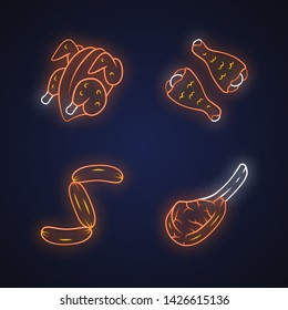 Butchers meat neon light icons set. Chicken carcase and drumsticks, tomahawk steak, sausages, pork rib. Butchery business. Meat production and sale. Glowing signs. Vector isolated illustrations