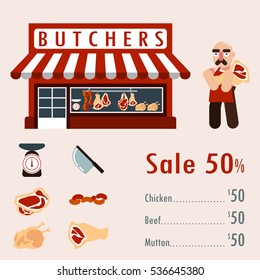 Butcher's Shop Flat Design / Vector Illustration