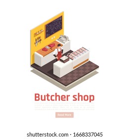 Butchers shop interior isometric composition with seller behind counter beef cuts sliced meat trays scale vector illustration 