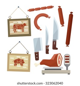 Butchers shop and meat icons set in flat design. Vector illustration