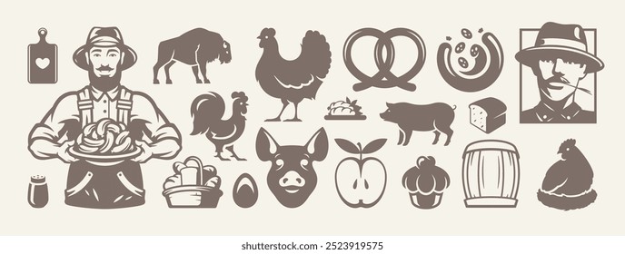 Carnicería y agricultura Producción de alimentos Dibujo retro conjunto de iconos Vector ilustración plana. Hombre agricultor carnicero con salchichas ganado y aves de corral pan fresco fruta aislada silueta detallada