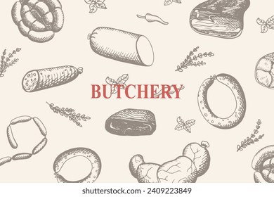 Butchery backdrop banner with different kind Sausages hand drawn vector engraving illustration. Smoked meat products background with bacon, sausages, pastrami, salami. Tasty meal, delicious snacks