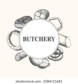 Butchery backdrop border with different kind Sausages. Hand drawn vector engraving food illustration. Smoked meat products background with bacon, sausages, pastrami, salami for text.Tasty meal, snacks