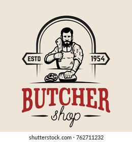 Butchery. Butcher illustration. Design element for logo, label, emblem, sign. Vector illustration