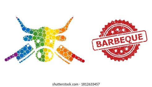 Butchery collage icon of round elements in various sizes and LGBT colored color hues, and Barbeque corroded rosette stamp. A dotted LGBT-colored Butchery for lesbians, gays, transgenders,