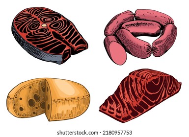 Butchery and dairy shop products isolated on white, vector set of fish,cheese and sausages