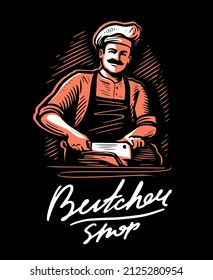 Butchery emblem for butcher shop. Chef cuts off piece of meat with knife on black background