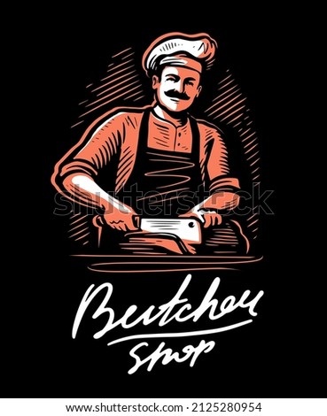 Butchery emblem for butcher shop. Chef cuts off piece of meat with knife on black background