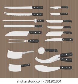Butchery equipment big set. Flat butcher shop design elements and tools icons. Meat cutting items