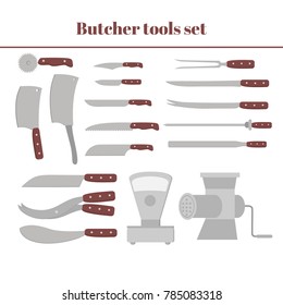 Butchery equipment big set. Flat butcher shop design elements and tools icons. Meat cutting items