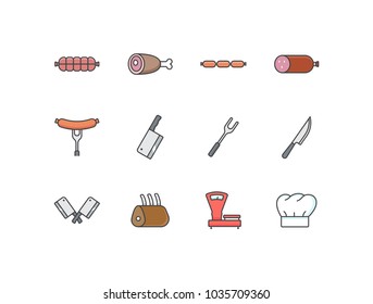 Butchery flat line colored icons set with sausage, drumstick, meat, knife, axe, fork, ribs, scales, chefs hat.