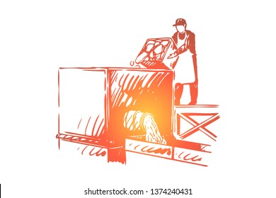 Butchery, food factory employee, butcher in apron throwing chopped ingredients in industrial grinder