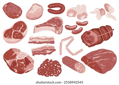 Butchery food set elements in flat graphic design. Collection of raw slices of beef, lamb, pork, steak, chicken legs and wings, sausages, salami, bacon and other meat products. Vector illustration.