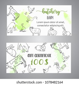 Butchery gift voucer Hand drawn farm animals brochure with reward coupon. Local farm certificate. Farming illustration. Vector farm elements. Hand sketched goose, rooster, chicken