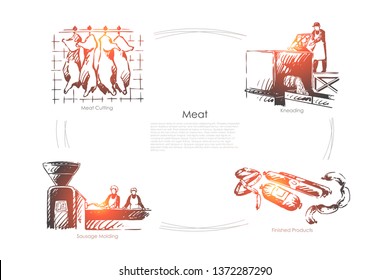 Butchery, ham cutting, kneading, sausage molding, stake making process, slaughterhouse, food shop banner. Butcher occupation, meat processing plant concept sketch. Hand drawn vector illustration