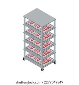 Butchery interior isometric icon with metal trays with meat products on wheeled rack 3d vector illustration