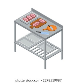 Icono interior de carnicería o cocina con cuchillo de corte de carne picada en mesa de metal Ilustración vectorial 3d