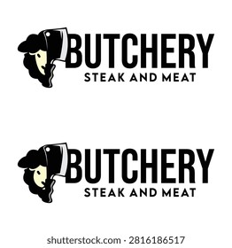 Butchery logo design for steak and meat businesses. Minimalist black and white meat shop branding emblem. Professional butcher signage for restaura...