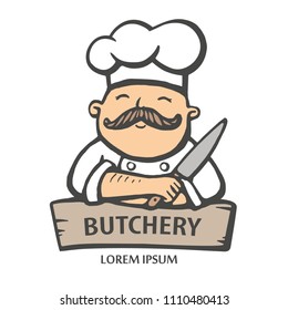 Butchery logo. Hand drawn vector illustration of chief-cooker with a mustache and knife in a white dress. chief-cooker logo.