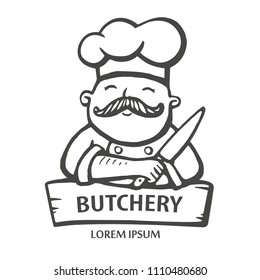 Butchery logo. Hand drawn vector illustration of chief-cooker with a mustache and knife in a white dress. chief-cooker logo.