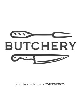 Butchery logo with knife and fork line icon. Outline hand drawn badge with chefs utensils for cutting beef and pork meat, butchers emblem and text. Butchery vintage logotype vector illustration