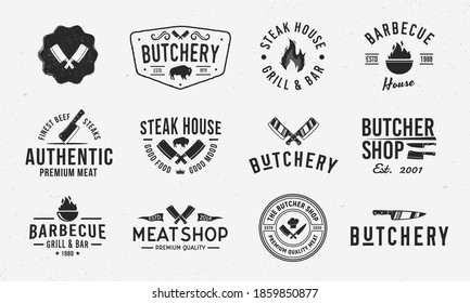 Butchery logo set. 11 Meat shop , bbq emblems. Butcher shop retro labels, badges, emblems, logo. Steak House, Meat shop, butchery. Meat business logo templates. Vector illustration