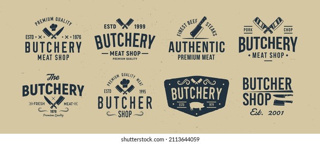 Butchery logo set. 8 butcher labels, badges, emblems. Emblem, poster templates for restaurant, meat shop, grocery store, steak house, barbecue. Vector illustration