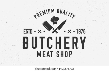 Butchery logo. Vintage butcher shop logo with meat knives and chef's hat. Logo or poster for meat shop, butchery, grocery store. Vector emblem template