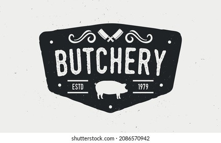 Butchery logo. Vintage Meat shop logo with meat chops and pig silhouette. Logo or poster for meat shop, butchery, grocery store, meat packaging. Vector illustration