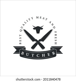 butchery logo vintage vector illustration template design. retro butcher shop label with crossed cleavers and knife concept