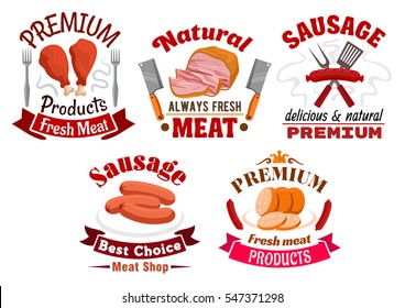 Butchery and meat food vector signs set with fresh farm and grilled sausage, sliced pork bacon, fried chicken leg with ribbons, forks and knife hatchets. Butcher shop meaty delicatessen