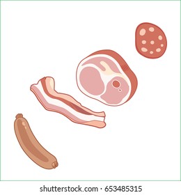 Butchery meat illustration set includes sausage, ham, bacon, salami in Italian style cartoon vector arts design