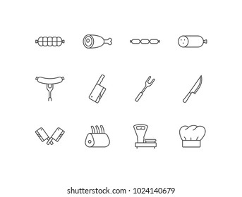 Butchery and meat line icons set with sausage, fork, axe, knife, ribs, scales, cooks hat.