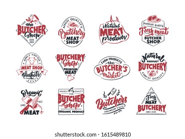 Butchery, Meat shop, fresh meat, emblems, stamps. Set of retro handmade badges, labels and logo elements, symbols, phrases, slogans for butcher shop, market, food studio. Vector illustration.