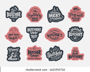 Butchery, Meat shop, fresh meat, emblems, stamps. Set of retro handmade badges, labels and logo elements, symbols, phrases, slogans for butcher shop, market, food studio. Vector illustration.