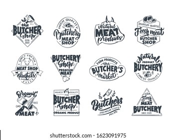 Butchery, Meat shop, fresh meat, emblems, stamps. Set of retro handmade badges.  Logos with slogans and phrases for butcher shop, market, food studio. Vector illustration.