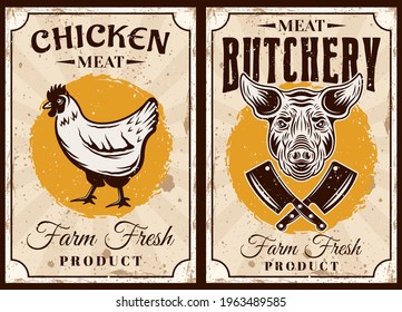 Butchery and meat shop set of two posters with chicken and bull vector illustration in vintage style