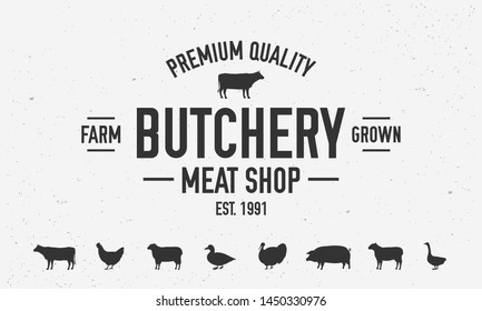 Butchery Or Meat Shop Vintage Logo Template. Set Of 7 Farm Animals Icons. BBQ Poster With Cow Silhouette. Vector Illustration