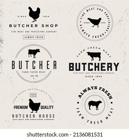 Butchery or meat shop vintage logo template set. Farm animals silhouette icons. Vector illustrations.