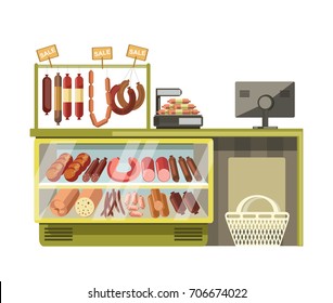 Butchery met sausages shop counter of supermarket store product vector flat display