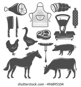 Butchery monochrome elements set with farm animals and meat products apron and knives scales isolated vector illustration 