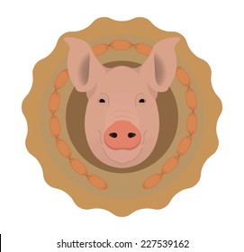 Butchery organic food vector logo. Big pink pig head in tasty wieners circle. Color illustration isolated on  white. No outline