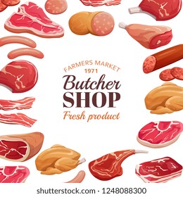 Butchery poster. Fresh meat raw, beef steak and pork ham. Meat product vector background