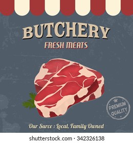 Butchery poster in vintage style on blue grunge background, vector illustration