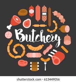 Butchery product icon such as sausage, ham, pepperoni arrange in circle shape, flat design