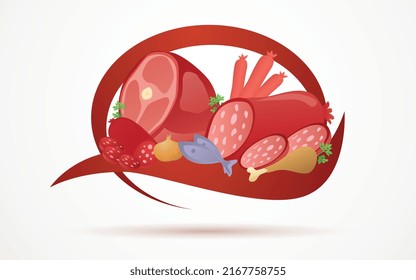 butchery product logo. red frame with meat, salami, sausage, bologna, fish, chicken, ham