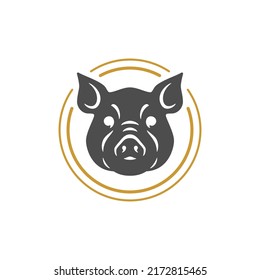 Butchery shop angry pig head fresh organic farm meat production circle vintage logo vector illustration. Piglet muzzle round frame butcher farming market agriculture livestock breeding grill barbecue