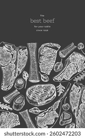 Modelo de projeto de tabuleiro de talho de açougue. Banner De Carne Desenhada À Mão Vetor. Ilustração de Menu da Barra de Estilo Vintage B Q.