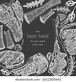 Butchery Shop Chalk Board Design Template. Vector Hand Drawn Meat Banner. Vintage Style Bar B Q Menu Illustration.